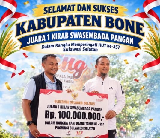 Bone Juara I Kirab Swasembada Pangan Sulsel, Bawa Pulang Hadiah Rp100 Juta